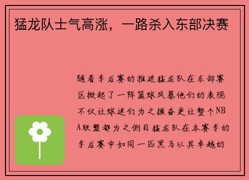 猛龙队士气高涨，一路杀入东部决赛
